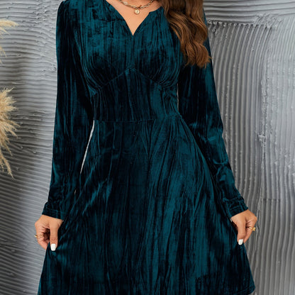 xieyinshe Solid Velvet Long Sleeve Dress, Casual Cinched Waist V Neck Dress For Spring & Fall, Women's Clothing