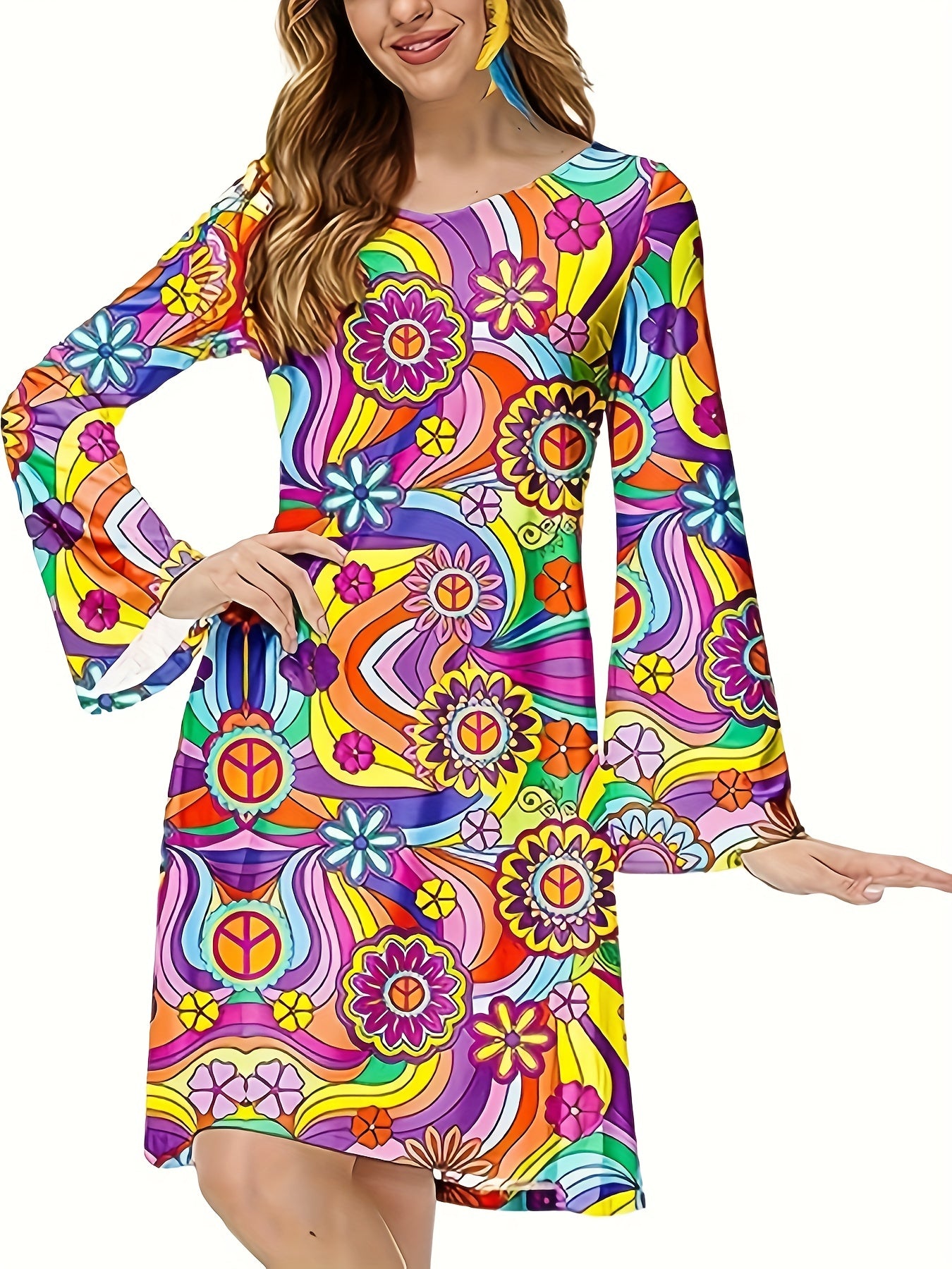 xieyinshe  70s Hippie Halloween Costume Dress, Vintage Floral Flared Long Sleeve Party Dress, Women's Clothing