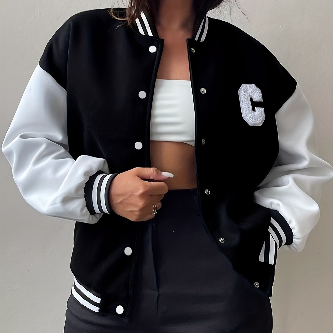 xieyinshe  Color Block Letterman Varsity Jacket, Versatile Long Sleeve Button Front Jacket, Women's Clothing