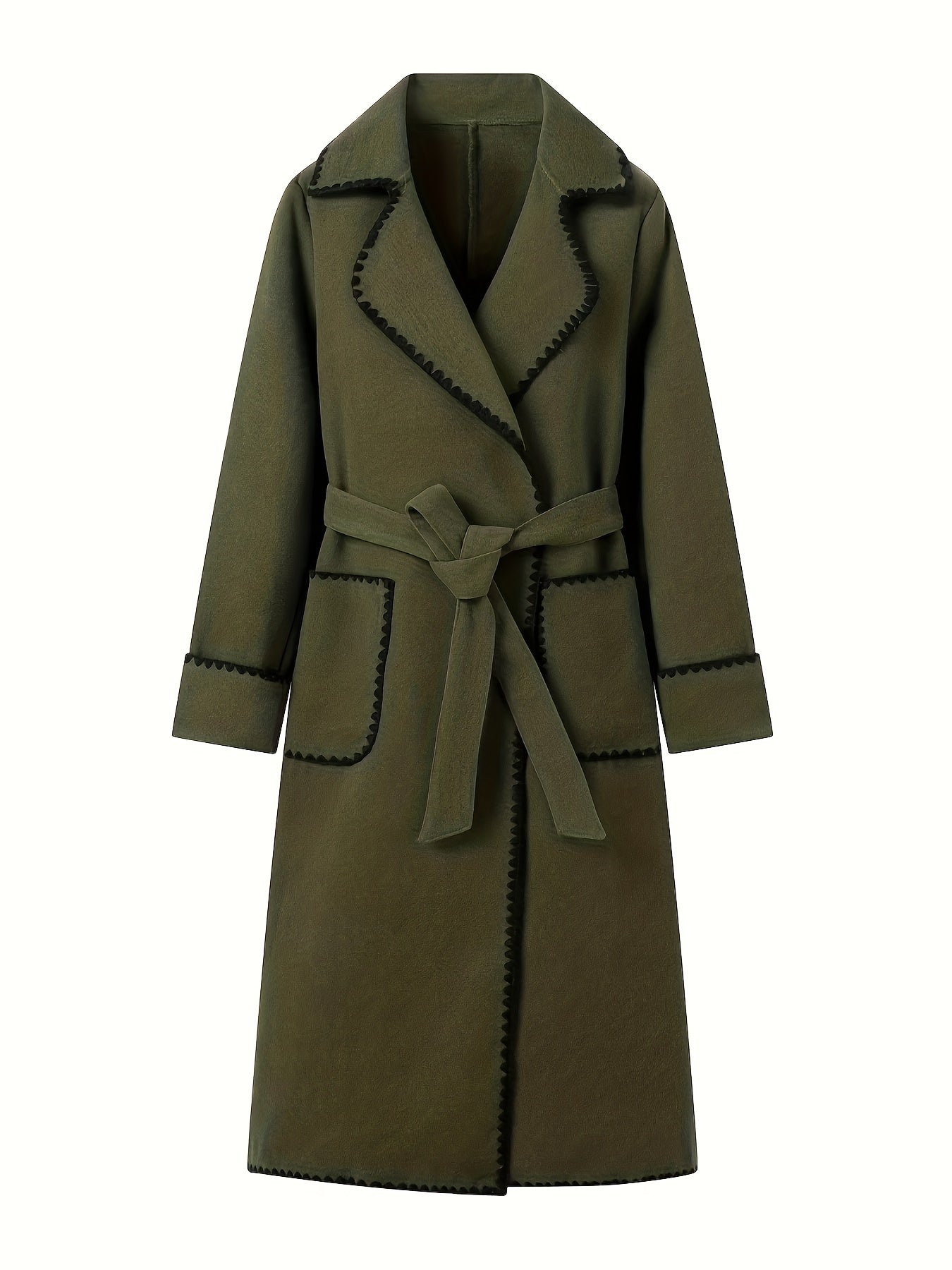 Contrast Trim Pockets Belted Overcoat, Elegant Long Sleeve Outwear For Fall & Winter, Women's Clothing