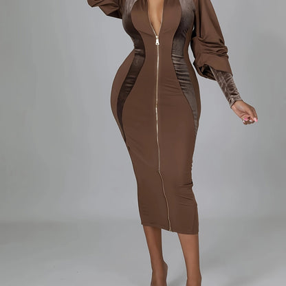 Zip Up Bodycon Dress, Casual Long Sleeve Solid Midi Dress, Women's Clothing