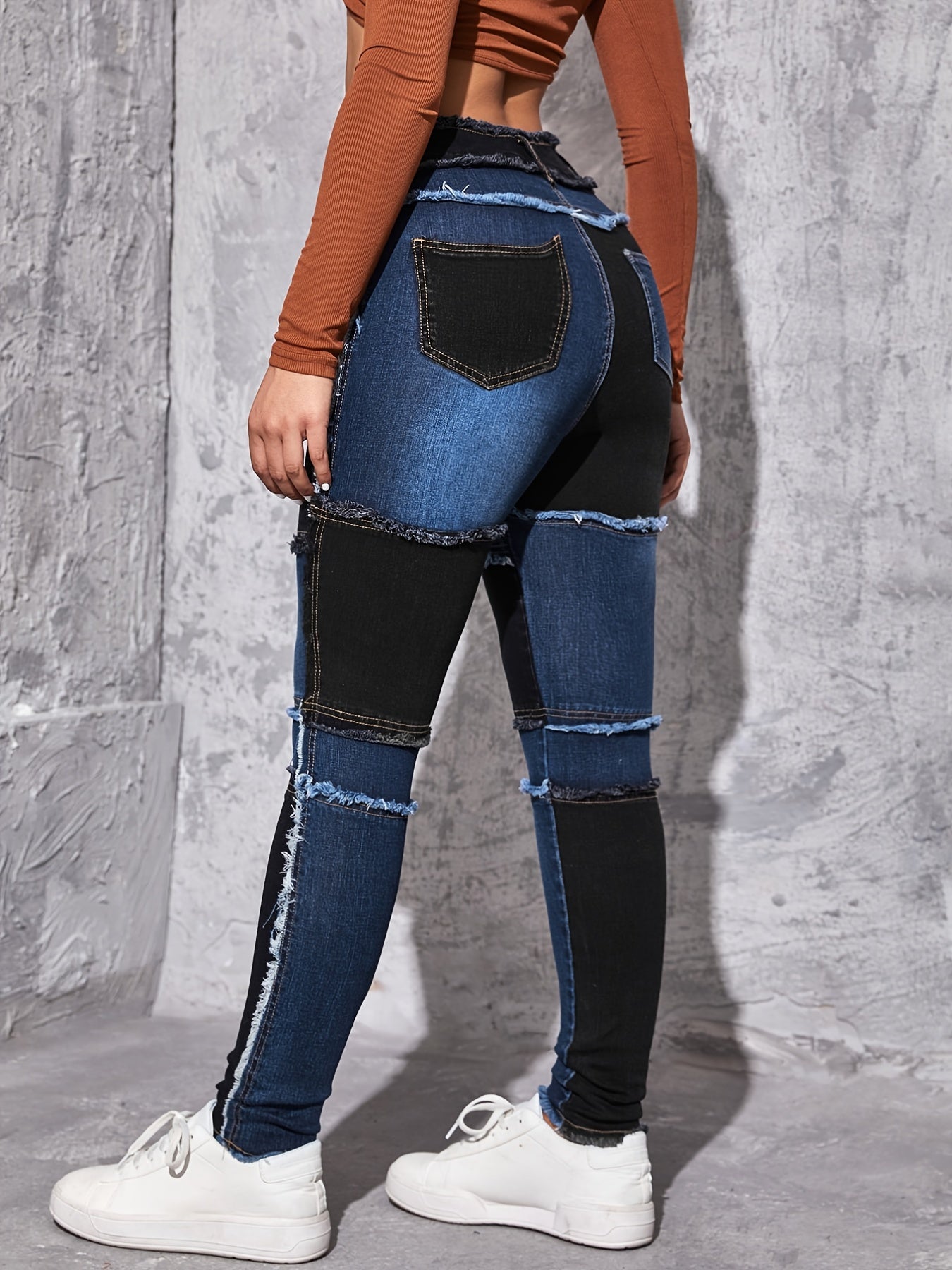 xieyinshe  Patched Colorblock Skinny Jeans, High Waist Slim Fit Slash Pockets High Rise Raw Hem Denim Pants, Women's Denim Jeans & Clothing