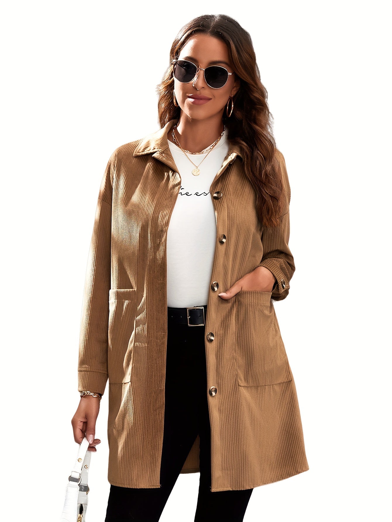 Button Front Solid Coat, Casual Long Sleeve Collar Outerwear With Pockets, Women's Clothing