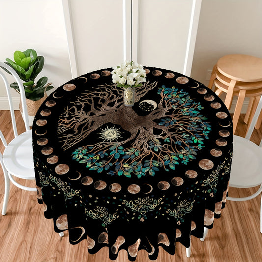 1pc 63 Inch Boho Chic Round Tablecloth - Stain Resistant, Absorbent, Wrinkle Free, Sun Moon Star Tree Pattern - Circle Table Cover for Home Kitchen Dining Party Patio Indoor and Outdoor Use, Easy Care, Room Decor, Scene Decor