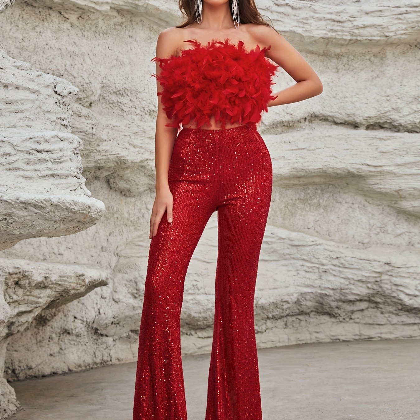 xieyinshe  Casual Pantsuits Two-piece Set, Solid Color Feather Tops & Fashion Pocket Pants Set, Women's Clothing