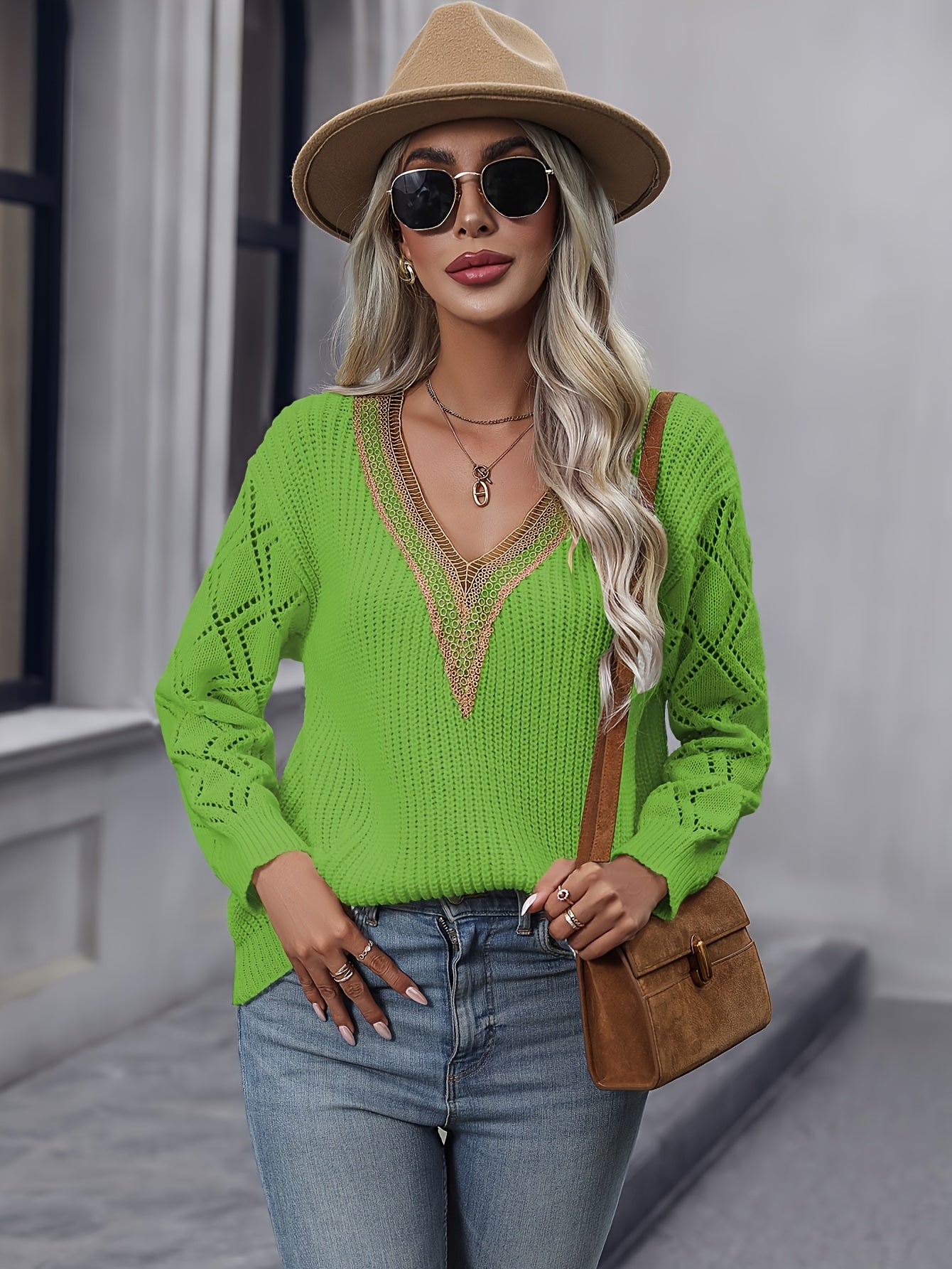 xieyinshe Solid V Neck Cut Out Drop Shoulder Sweater, Casual Long Sleeve Sweater For Spring & Winter, Women's Clothing