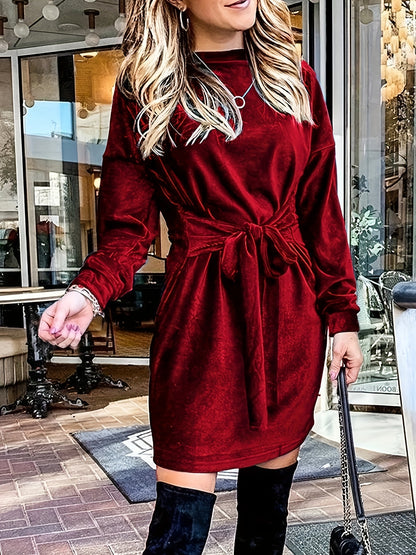 Solid Velvet Long Sleeve Dress, Tie-waist Mock Neck Dress, Women's Clothing