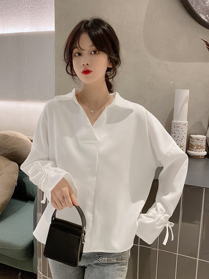 xieyinshe  Solid Polo Collar Blouse, Casual Tie Cuff Long Sleeve Blouse For Spring & Fall, Women's Clothing