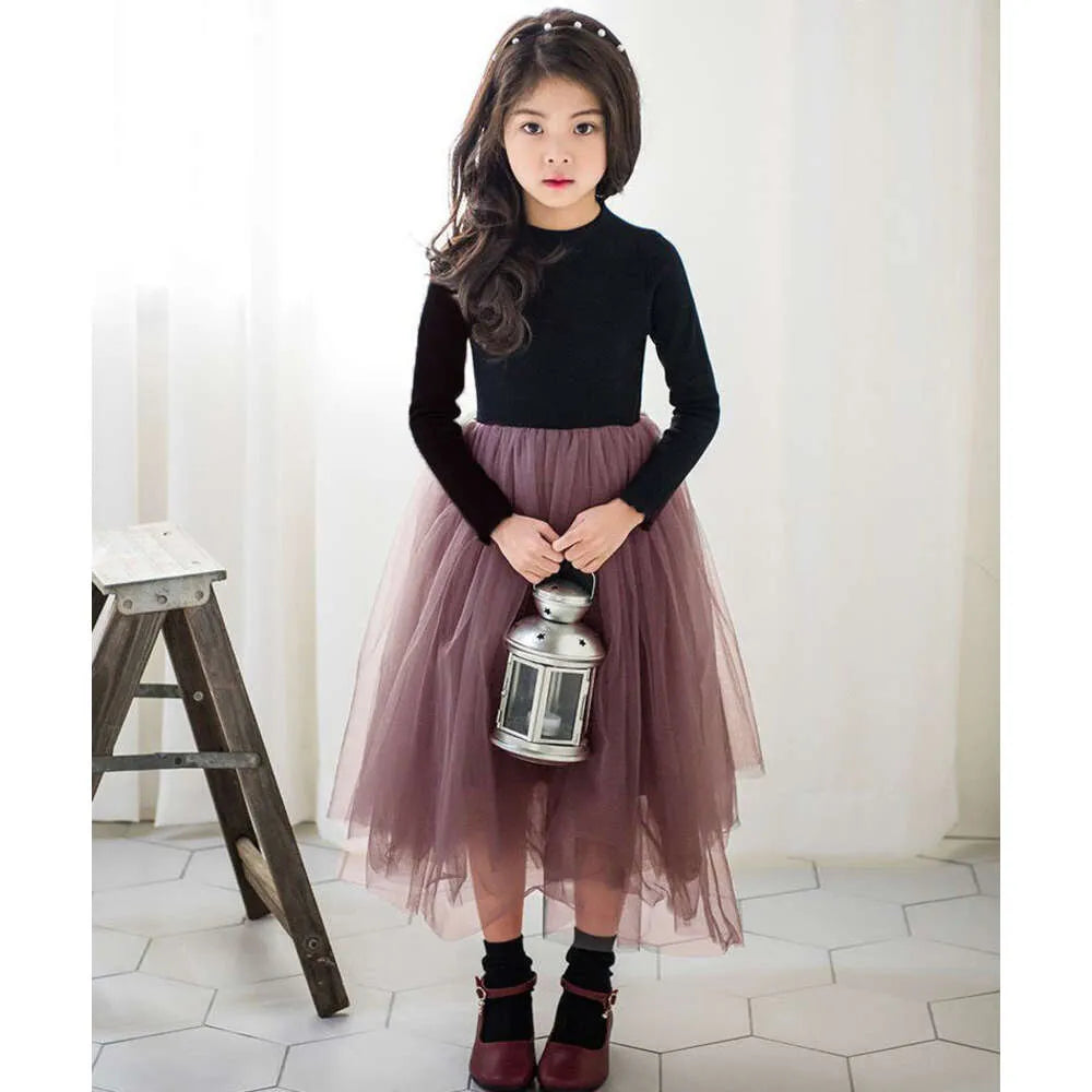 Girl  Spring Autumn Long Sleeve Dresses for Kids Lace Children Party Dress Teenager Princess Weddings Tulle Costume L2405