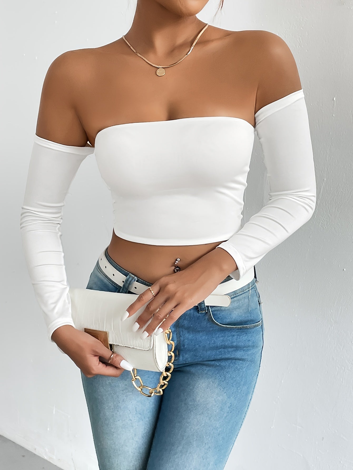 xieyinshe  Off Shoulder Crop T-Shirt, Casual Long Sleeve Top For Spring & Fall, Women's Clothing