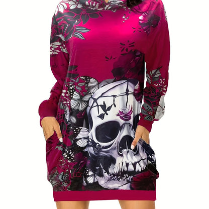 Skull & Flower Print Dress, Gothic Hooded Long Sleeve Mini Dress With Pockets, Women's Clothing