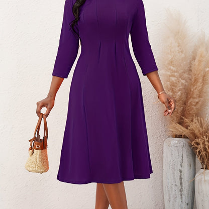 Solid 3/4 Sleeve Dress, Elegant Crew Neck Bodycon Midi Dress, Women's Clothing