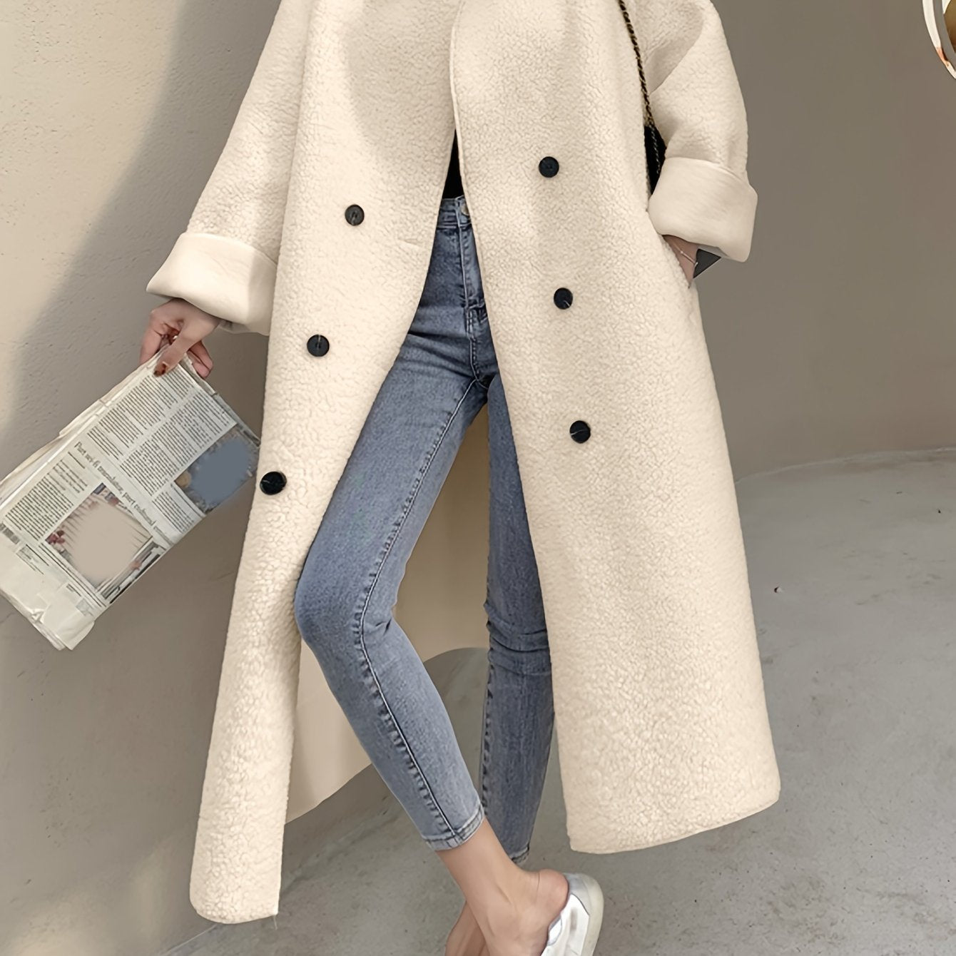 xieyinshe  Solid Double Breasted Belted Overcoat, Elegant Long Sleeve Outwear For Fall & Winter, Women's Clothing