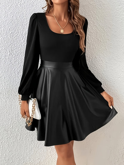 Solid Scoop Neck Mini Dress, Casual Long Sleeve Slim Dress, Women's Clothing