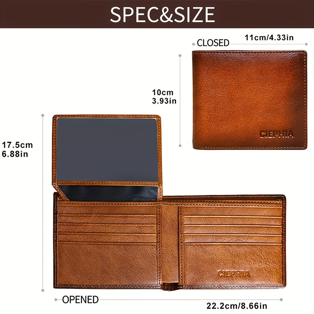 Mens Vintage Genuine Leather Bifold Wallet - RFID Blocking, Dual ID Windows, Spacious & Durable - Ideal Gift