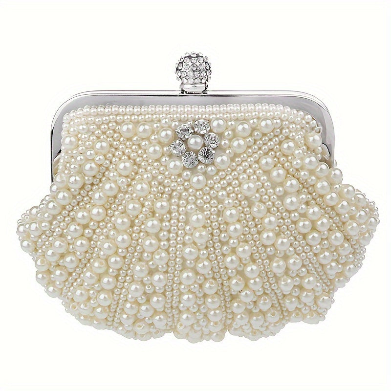 Beaded Shell Design Evening Bag - Exquisite Faux Pearl Embellished Clutch Purse with Delicate Beading, Stylish Womens Formal Dress Handbag for Special Occasions - Ideal for Glamorous Wedding Parties, Prom Nights, and Black-Tie Banquets, Perfect Accessory