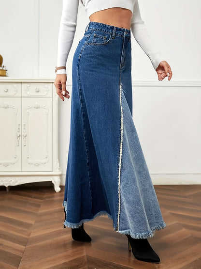 xieyinshe Two Tone Patchwork Denim Midi Skirt, Frayed Hem Slant Pockets Chic Denim Skirt, Women's Denim Clothing