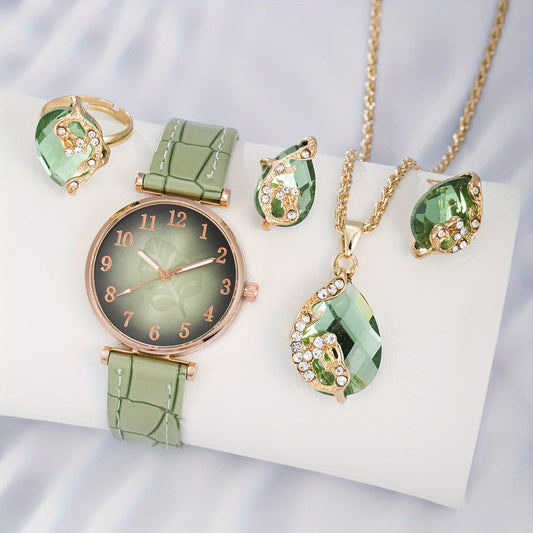 5pcs/set Women's Watch Casual Leaf Fashion Quartz Watch Analog PU Leather Wrist Watch & Jewelry Set, Gift For Mom Her