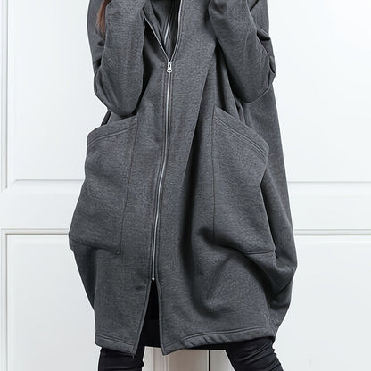 xieyinshe  Solid Knee Length Faux Twinset Hoodie, Casual Long Sleeve Dual Pockets Zip-up Hoodie Coat, Women's Clothing