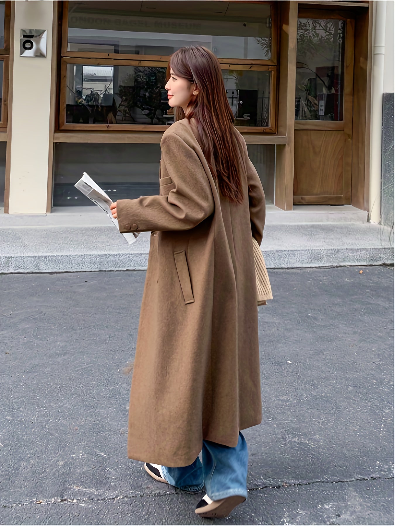 Notched Collar Double-breasted Coat, Casual Long Sleeve Midi Length Overcoat For Fall & Winter, Women's Clothing