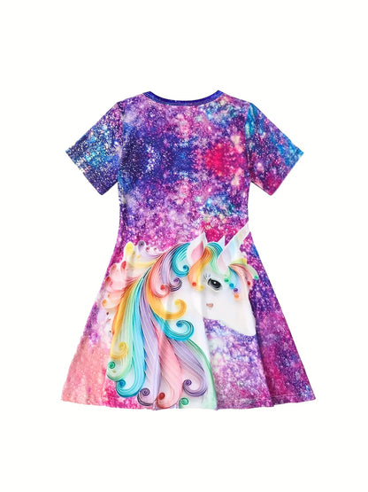 Midi Length Fitted Girls Starry Unicorn Digital Print Crew Neck Short Sleeve Casual Party Dress with Slight Stretch and Flared Hem