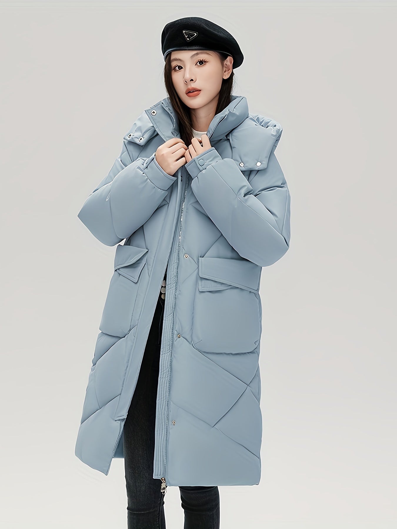 xieyinshe  Solid Flap Pockets Hooded Coat, Versatile Long Sleeve Stand Collar Thermal Winter Outwear, Women's Clothing