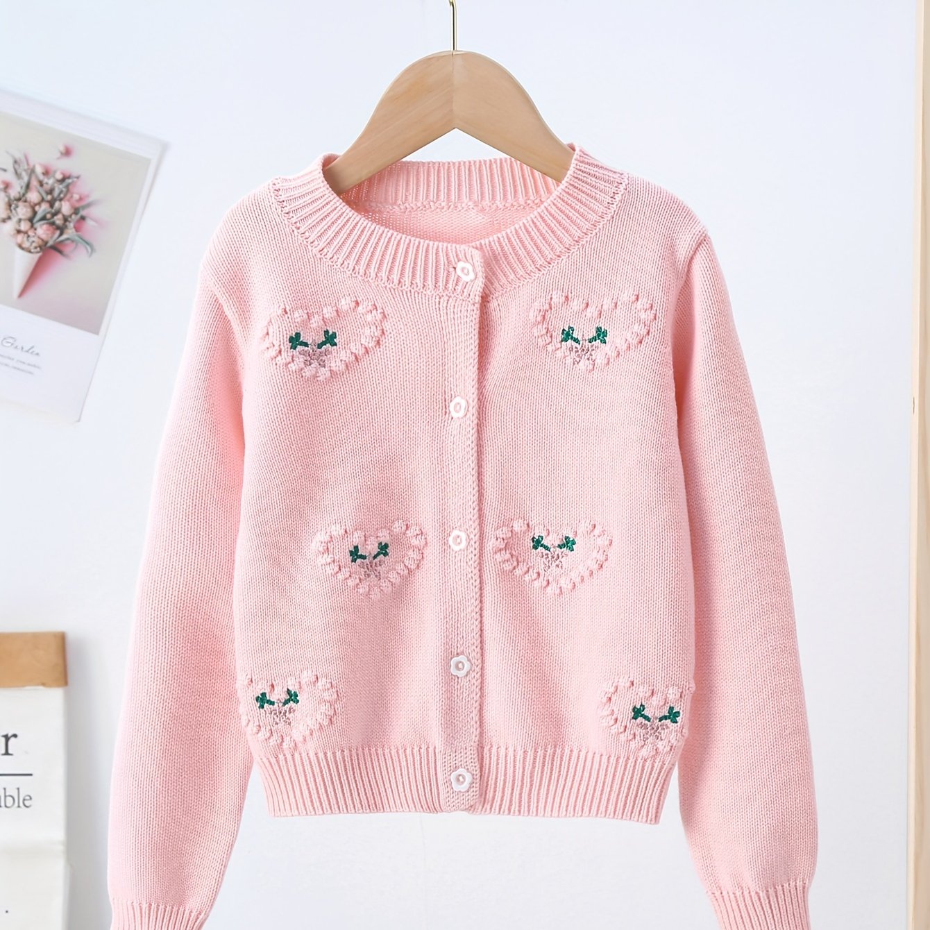 Girls Adorable Heart Embellished Pure Cotton Long Sleeve Jacquard Knit Cardigan Sweater for Everyday Fashion