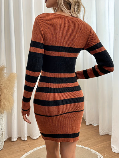 xieyinshe  Striped Slim Sweater Dresses , Long Sleeve Crew Neck Mini Dress , Women's Clothings