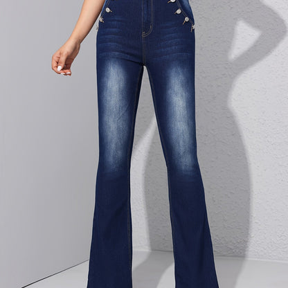 xieyinshe  High Waist Casual Flare Jeans, High Stretch Slant Pockets Versatile Bell Bottom Jeans, Women's Denim Jeans & Clothing