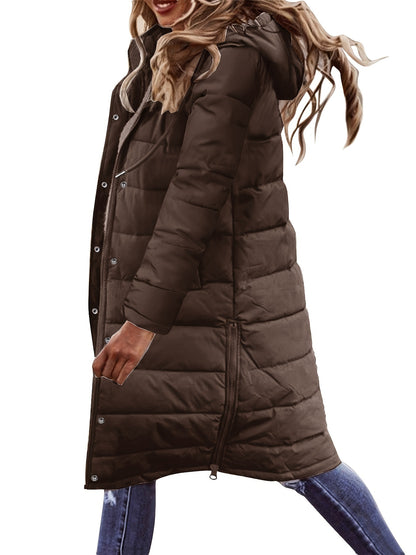 Button Front Hoodie Puffy Coat, Casual Long Sleeve Warm Outwear For Winter, Women's Clothing