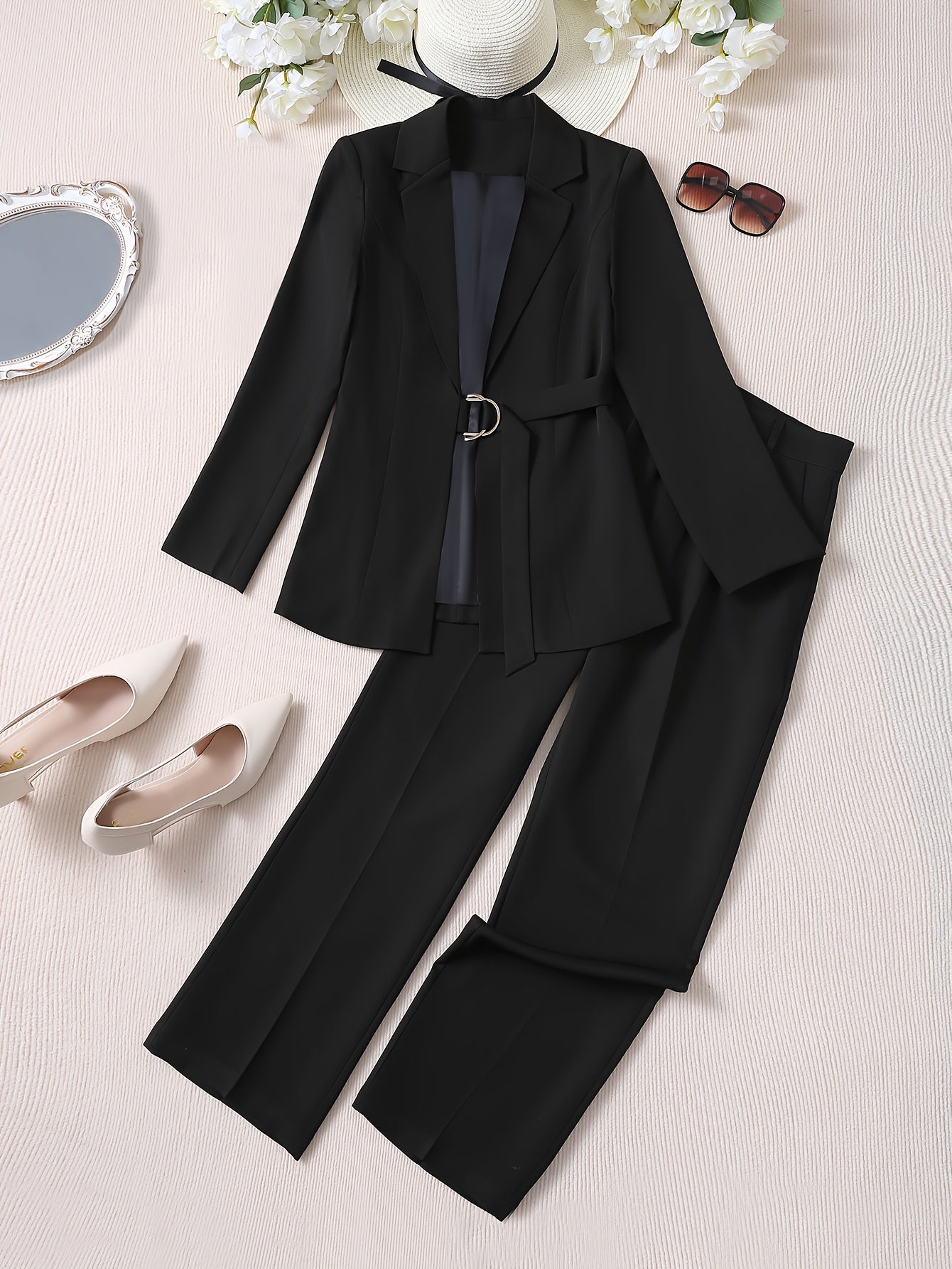 xieyinshe  Solid Elegant Two-piece Set, Lapel Neck Long Sleeve Blazer & Pants Outfits, Women's Clothing