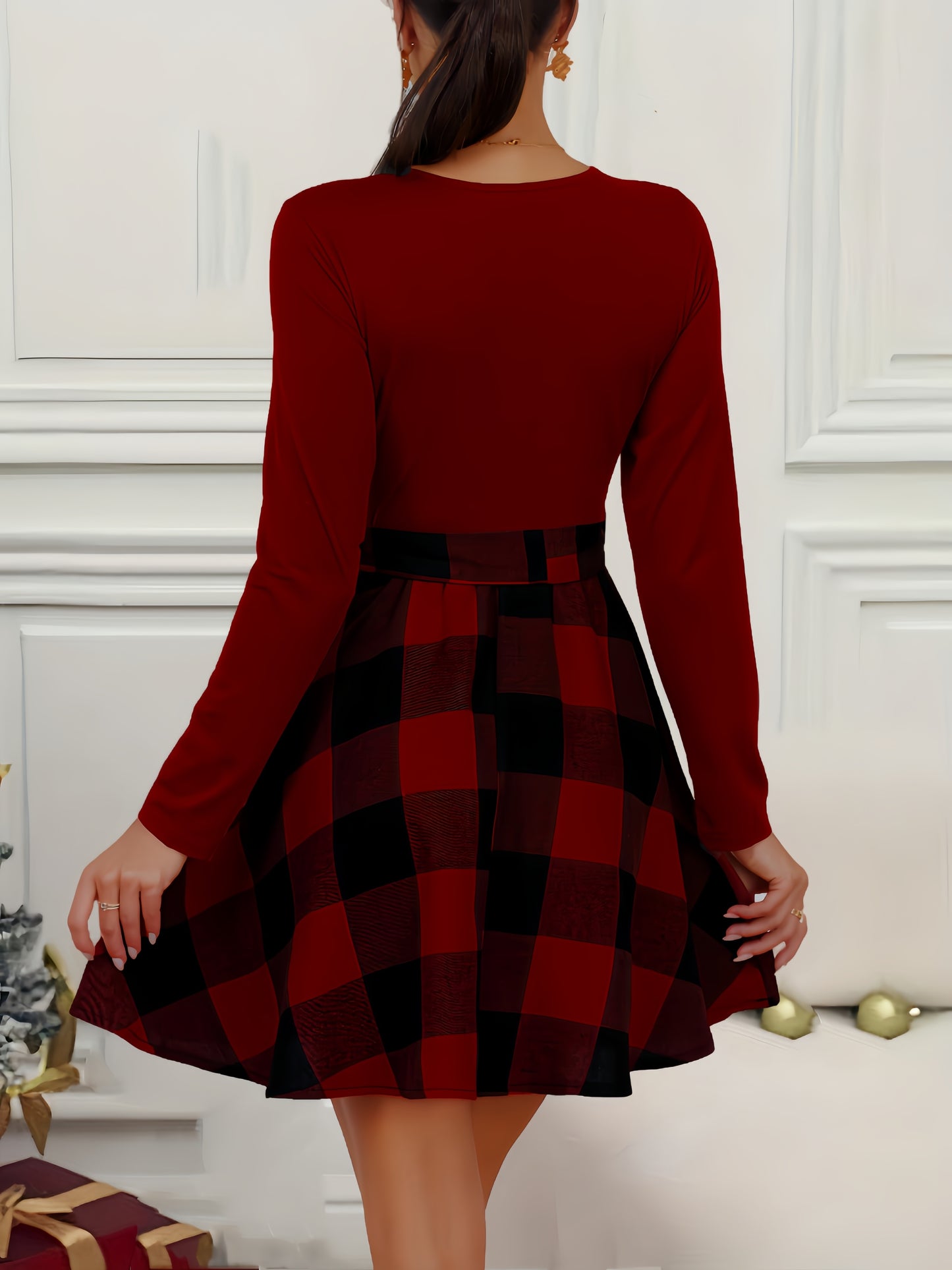 xieyinshe  Plaid Color Block Dress, Elegant Crew Neck Long Sleeve Belted Dress, Women's Clothing