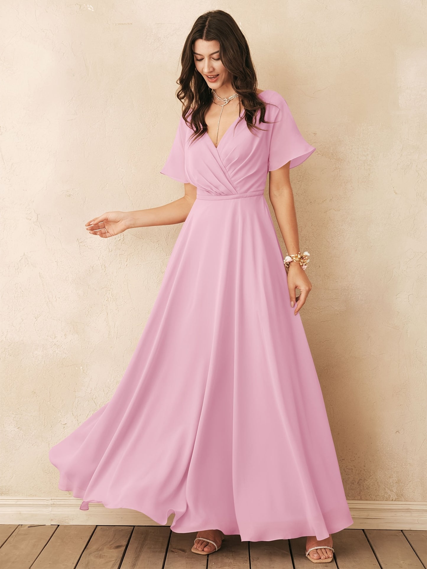 ALICEPUB Wrap V-Neck Bridesmaid Dress Chiffon Long Maxi Formal Dress For Women Party Evening Short Sleeves