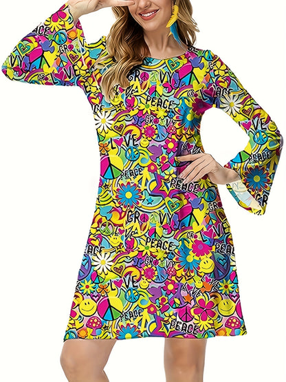 xieyinshe  70s Hippie Halloween Costume Dress, Vintage Floral Flared Long Sleeve Party Dress, Women's Clothing