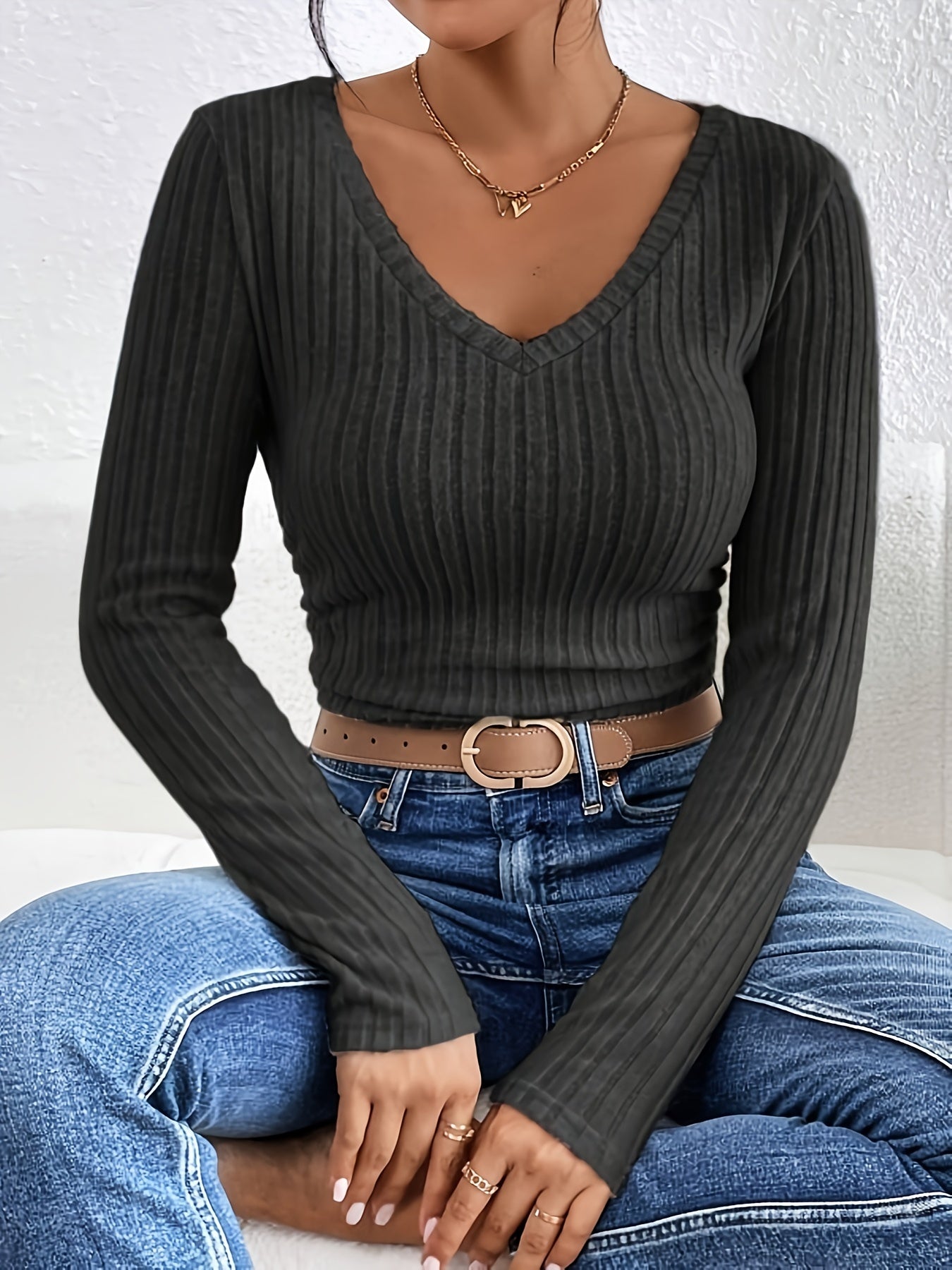 Ribbed Knit V Neck T-Shirt, Casual Long Sleeve Slim T-Shirt For Spring & Fall, Women's Clothing