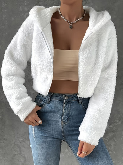 Solid Zipper Hooded Crop Coat, Casual Faux Fur Thermal Outwear, Women's Clothing