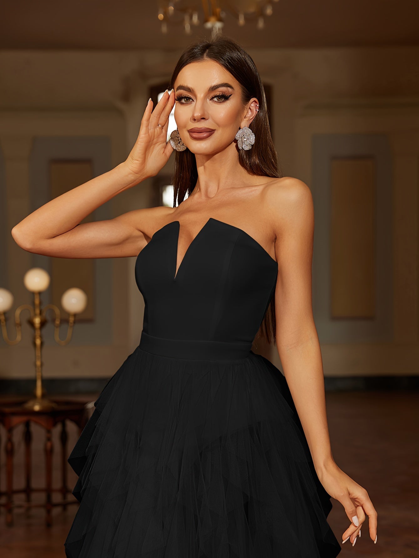 xieyinshe  Contrast Mesh Notched Neck Tube Dress, Elegant Sleeveless Tiered Ruffle Hem Floor Length Dress For Party & Banquet, Women's Clothing