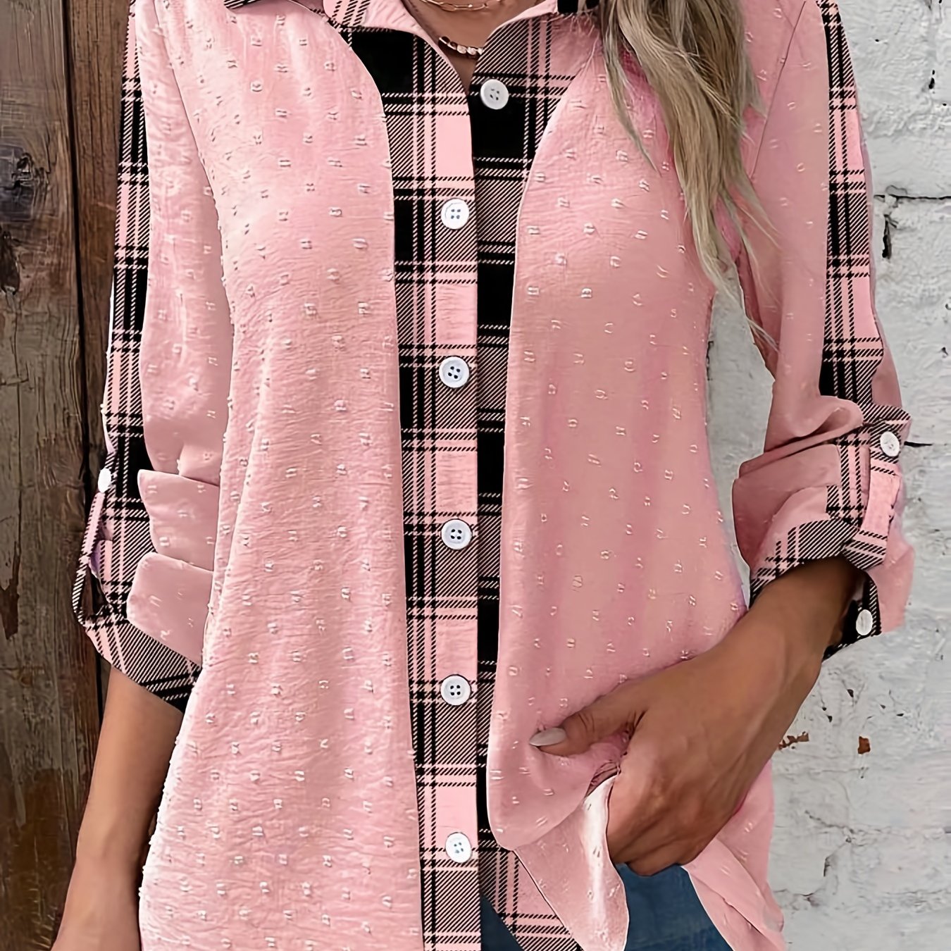 xieyinshe  Plaid Print Splicing Shirt, Casual Button Front Long Sleeve Shirt, Women's Clothing