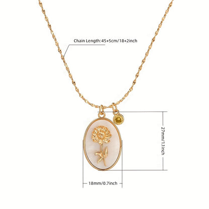 1 Pc Classic 3D Birth Flower On Oval White Shell Pendant Necklace