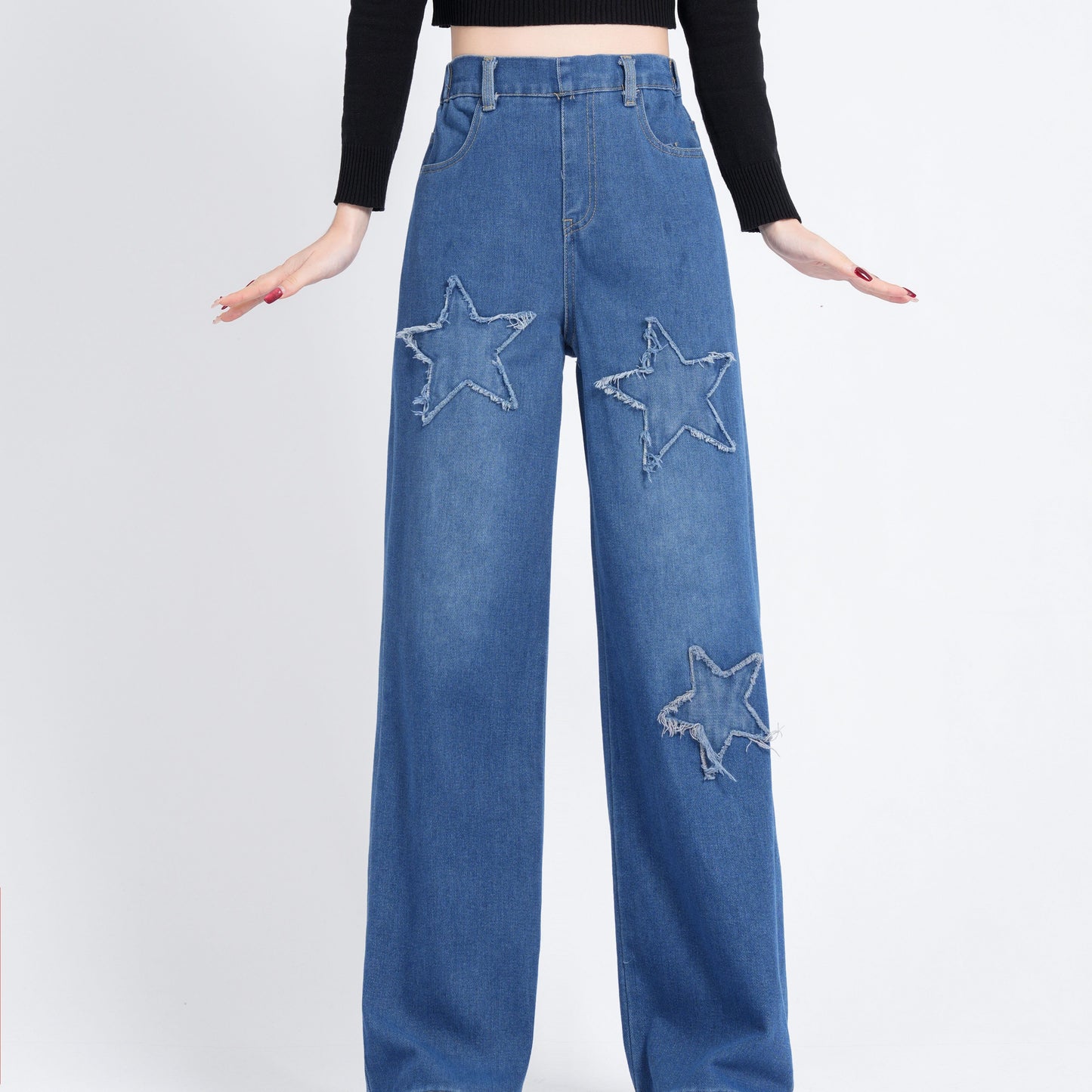 xieyinshe  Star Patchwork Wide Leg Jeans For Girls, Casual Versatile Straight Denim Trousers