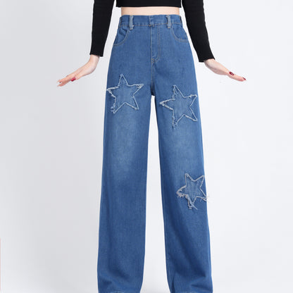 xieyinshe  Star Patchwork Wide Leg Jeans For Girls, Casual Versatile Straight Denim Trousers