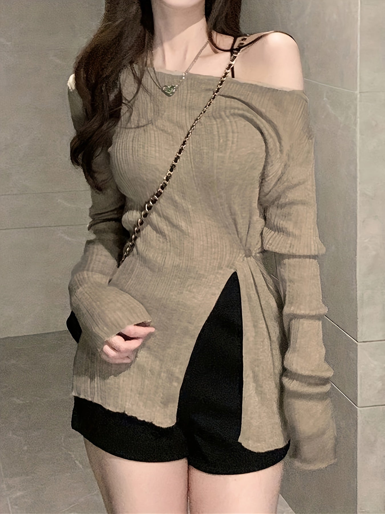 xieyinshe  Solid Slant Shoulder Split Knitted Top, Versatile Long Sleeve Slim Top For Spring & Fall, Women's Clothing