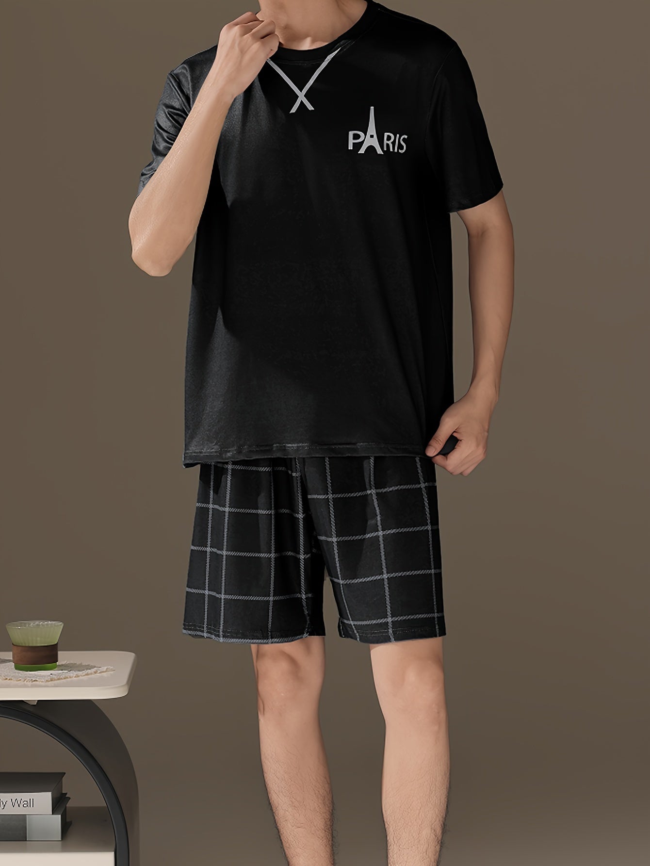 2 Pcs Mens Pajama Sets - Stylish Letter Pattern Short Sleeve T-Shirts & Soft Plaid Shorts, Gentle Style for Relaxed Fit, Ultra-Soft Fabric, Perfect for Mens Summer Lounging and Relaxation, Ideal Cozy Loungewear for Warm Weather