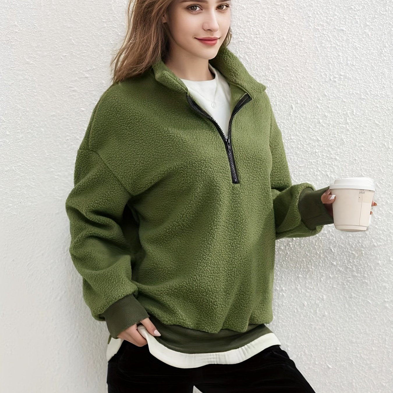 Solid Zipper Fuzzy Pullover Sweatshirt, Casual Long Sleeve Stand Collar Sweatshirt For Fall & Winter, Women's Clothing