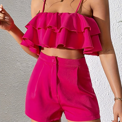 xieyinshe  Solid Elegant Shorts Suits, Ruffle Hem Square Neck Cami Top & High Waist Pocket Wide Leg Shorts Outfits, Women's Clothing