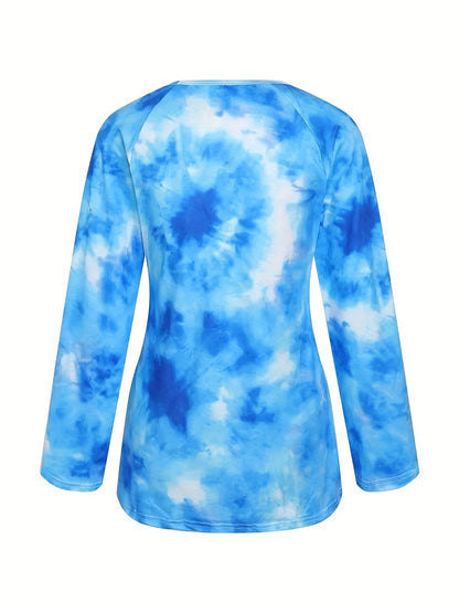 Plus Size Casual T-shirt, Women's Plus Tie Dye Lace Up Long Sleeve V Neck Medium Stretch T-shirt