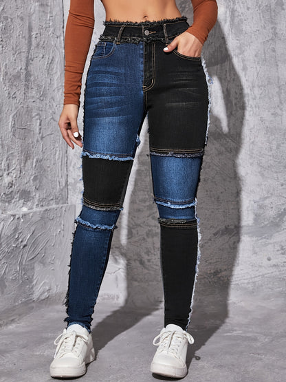 xieyinshe  Patched Colorblock Skinny Jeans, High Waist Slim Fit Slash Pockets High Rise Raw Hem Denim Pants, Women's Denim Jeans & Clothing