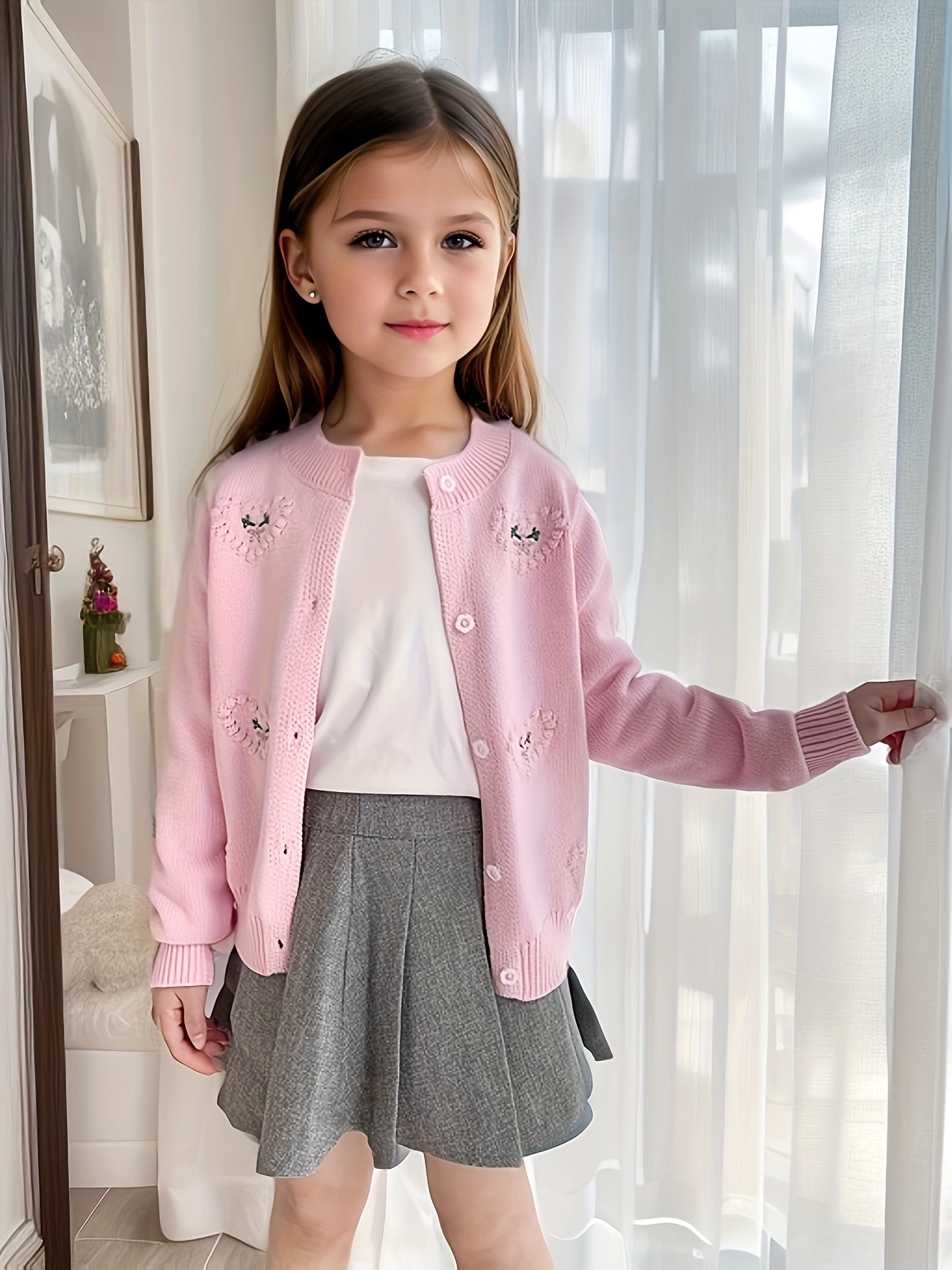 Girls Adorable Heart Embellished Pure Cotton Long Sleeve Jacquard Knit Cardigan Sweater for Everyday Fashion