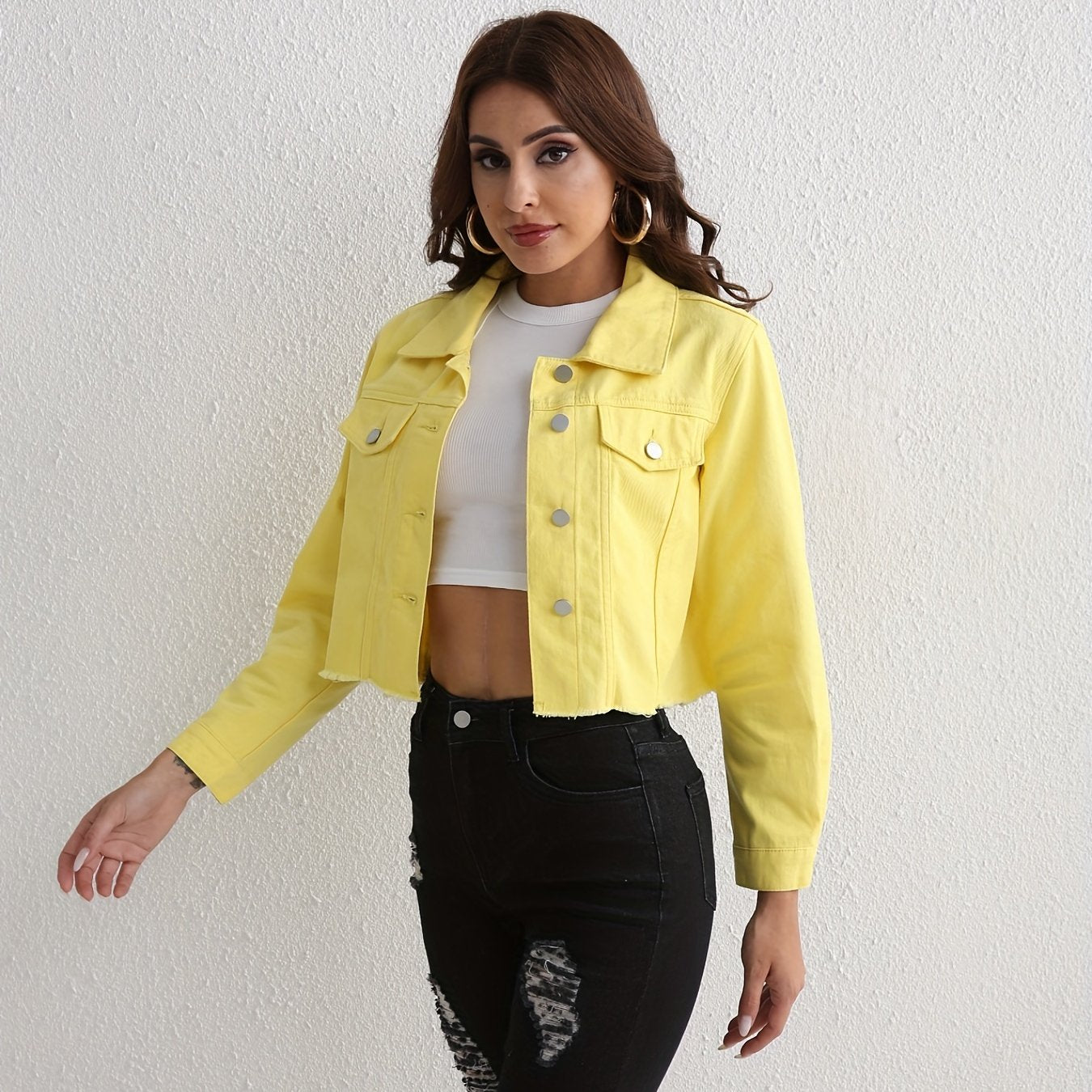 Yellow Raw Hem Denim Jackets, Long Sleeves Non-Stretch Lapel Denim Coats, Women's Denim Clothing