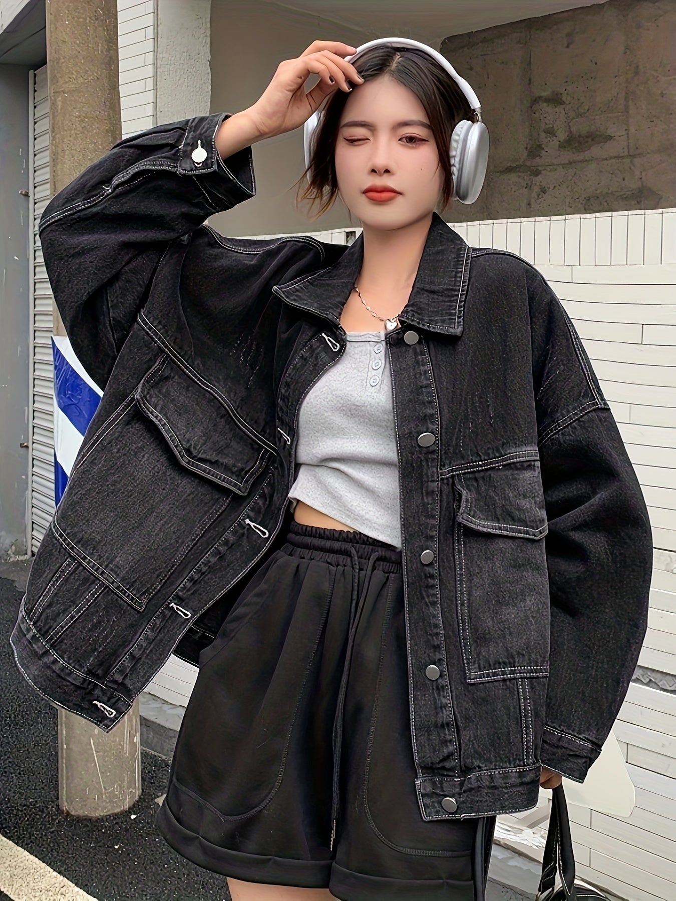 xieyinshe  Black Long Sleeves Denim Jackets, Flap Pockets Non-Stretch Lapel Denim Coats, Women's Denim Clothing